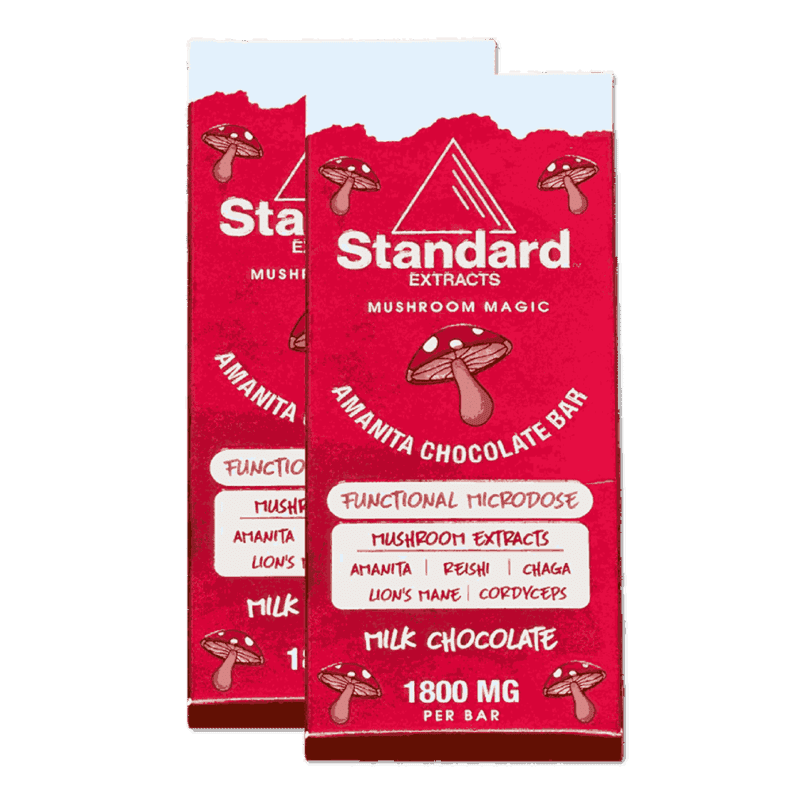 Red packaging featuring a Standard Extracts Amanita chocolate bar, highlighting its mushroom extracts: Amanita, Reishi, Chaga, Lion's Mane, Cordyceps.