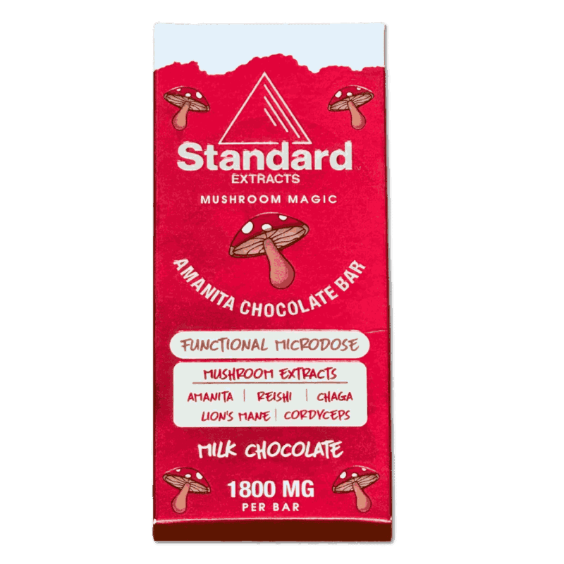 Red packaging featuring a Standard Extracts Amanita chocolate bar, highlighting its mushroom extracts: Amanita, Reishi, Chaga, Lion's Mane, Cordyceps.