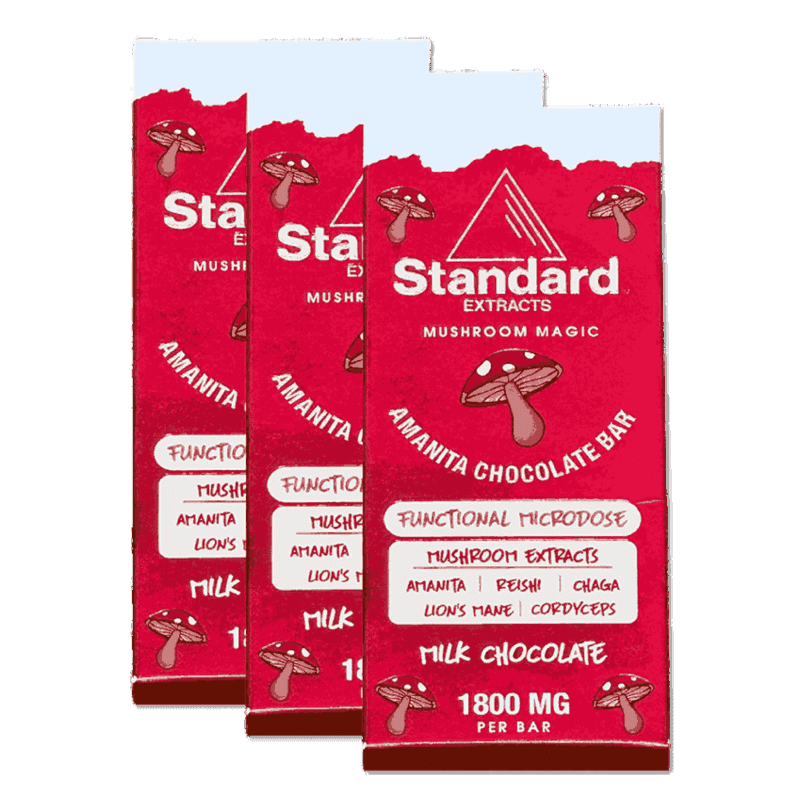 Red packaging featuring a Standard Extracts Amanita chocolate bar, highlighting its mushroom extracts: Amanita, Reishi, Chaga, Lion's Mane, Cordyceps.