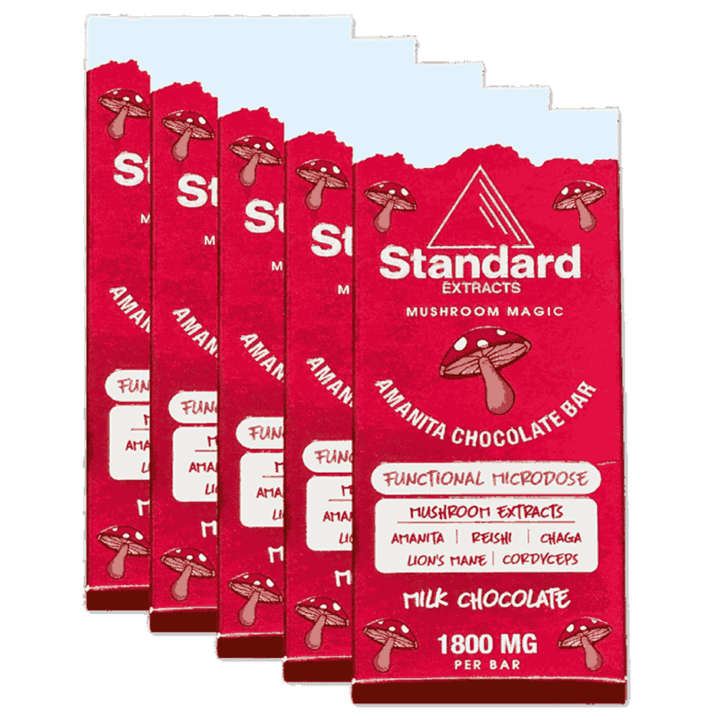 Red packaging featuring a Standard Extracts Amanita chocolate bar, highlighting its mushroom extracts: Amanita, Reishi, Chaga, Lion's Mane, Cordyceps.